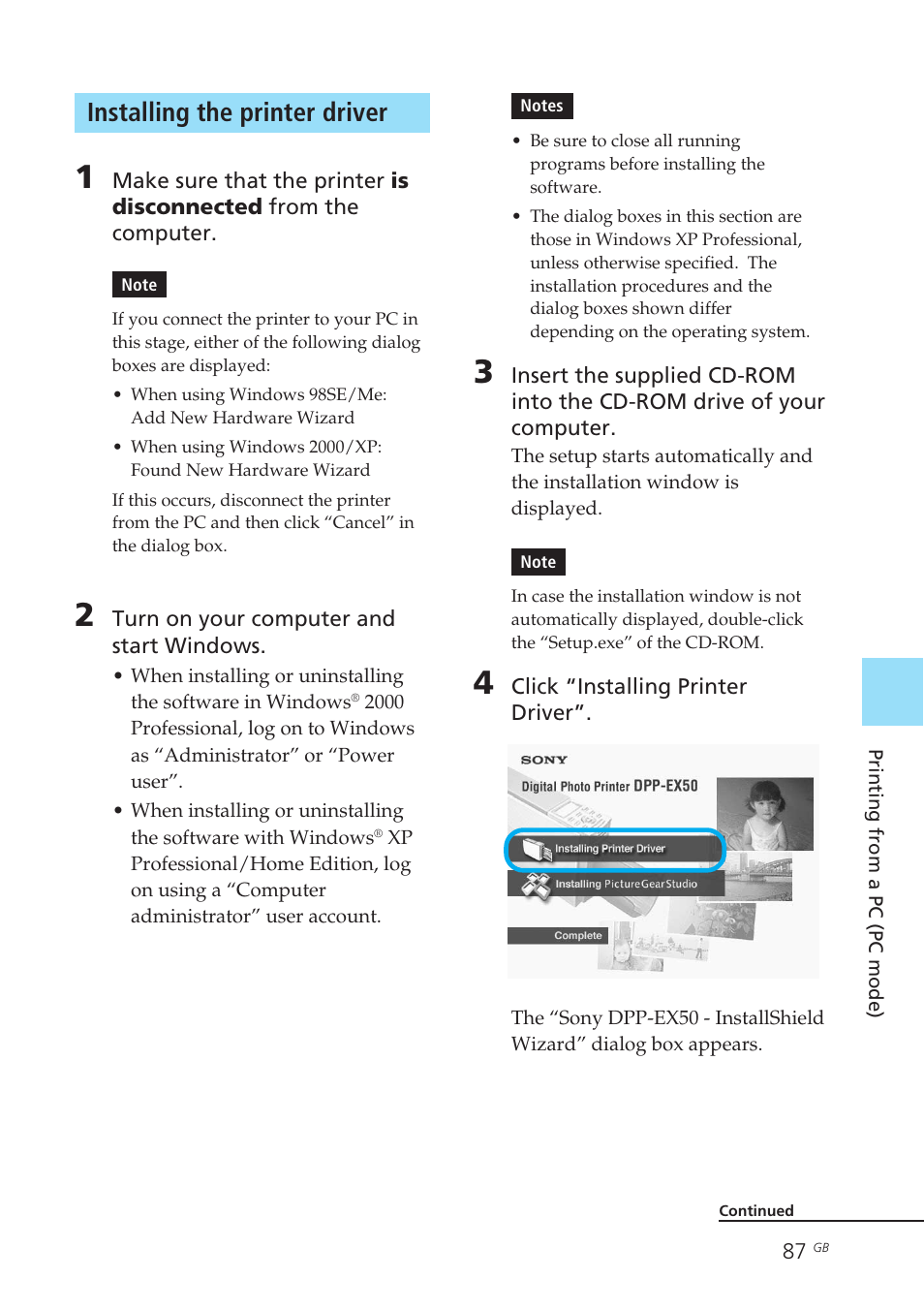 Installing the printer driver, Printer driver | Sony DPP-EX50 User Manual | Page 87 / 144