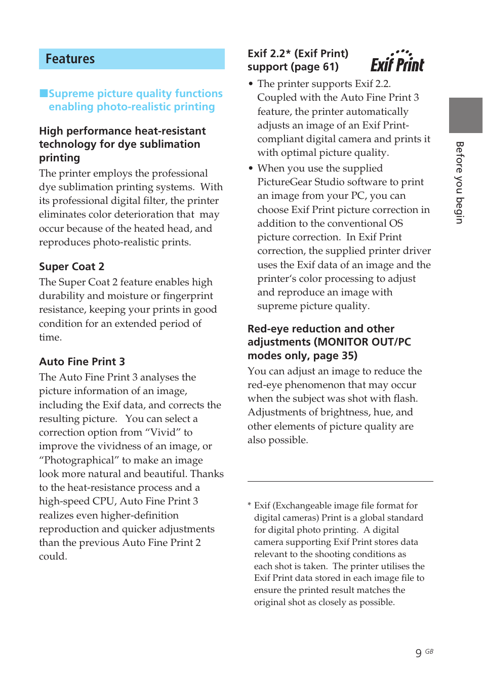 Features, Exif print | Sony DPP-EX50 User Manual | Page 9 / 144