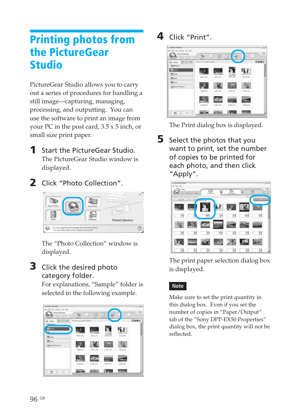 Printing photos from the picturegear studio, From your pc, Pc images | Printing photos from the picturegear, Studio | Sony DPP-EX50 User Manual | Page 96 / 144