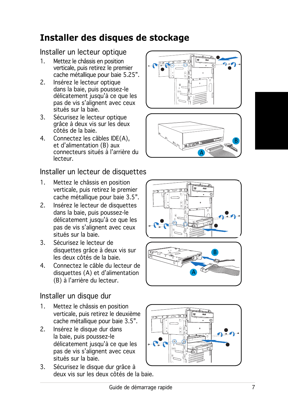 Installer des disques de stockage, Français, Installer un lecteur optique | Installer un lecteur de disquettes, Installer un disque dur | Asus V2-PE2 User Manual | Page 15 / 80