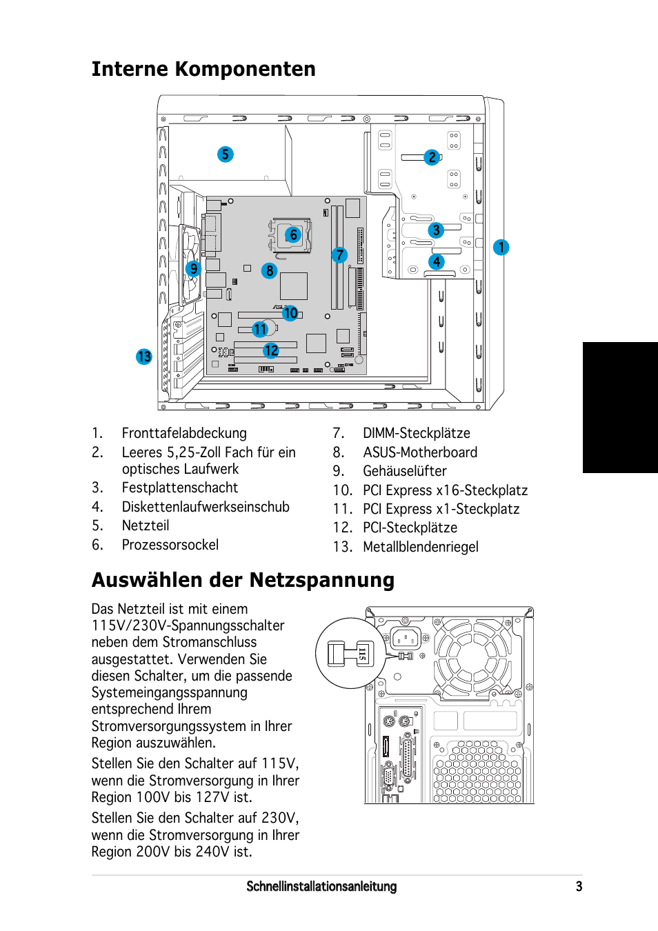 Interne komponenten, Auswählen der netzspannung, Deutsch | Asus V2-PE2 User Manual | Page 19 / 80