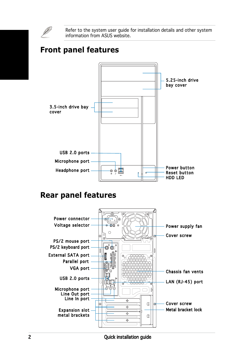 Rear panel features front panel features, English | Asus V2-PE2 User Manual | Page 2 / 80