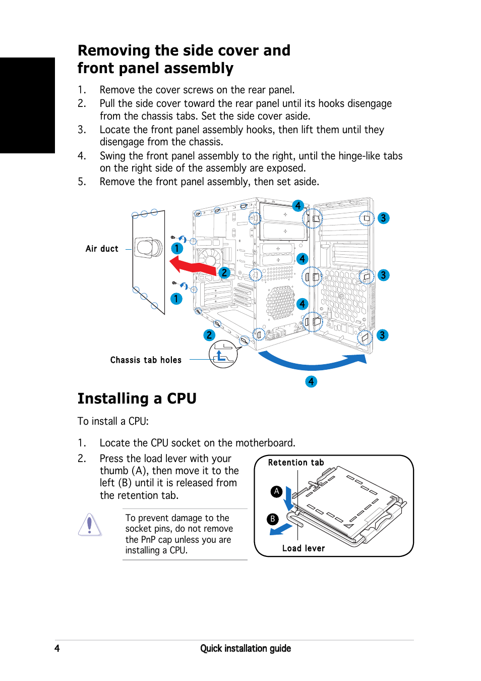 Removing the side cover and front panel assembly, Installing a cpu, English | Asus V2-PE2 User Manual | Page 4 / 80