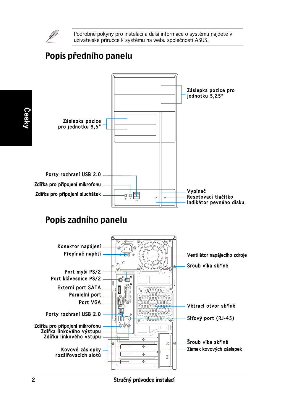 Popis zadního panelu popis předního panelu, Česky | Asus V2-PE2 User Manual | Page 58 / 80