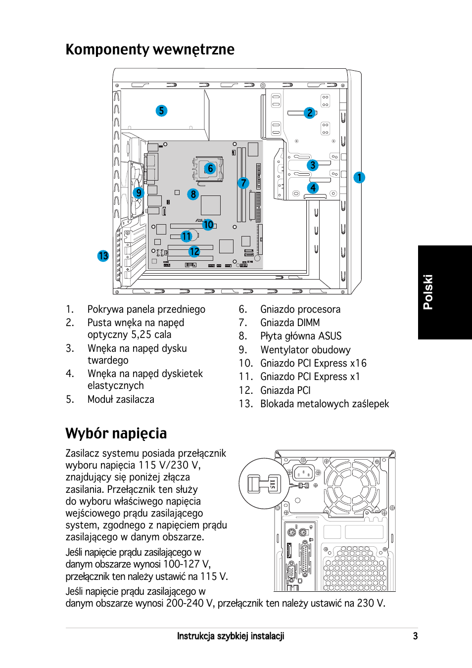 Komponenty wewnętrzne, Wybór napięcia, Polski | Asus V2-PE2 User Manual | Page 67 / 80