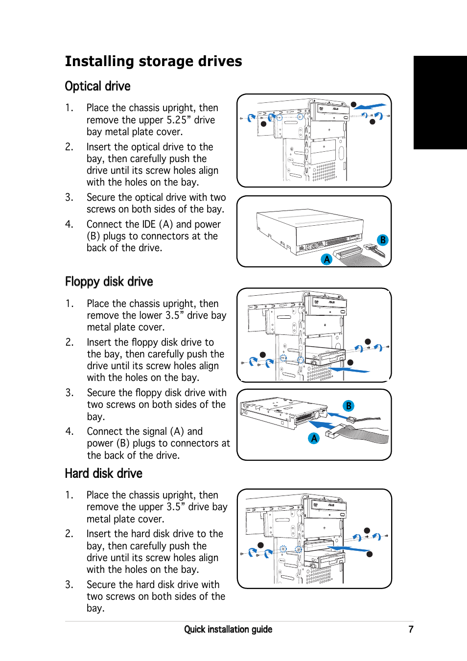 Installing storage drives, English, Optical drive | Floppy disk drive, Hard disk drive | Asus V2-PE2 User Manual | Page 7 / 80