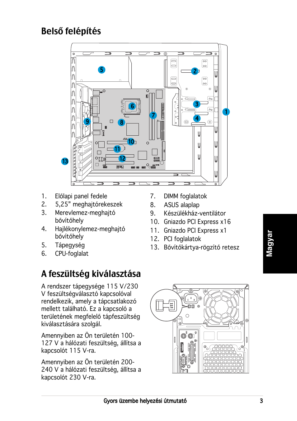 Belső felépítés, A feszültség kiválasztása, Magyar | Asus V2-PE2 User Manual | Page 75 / 80