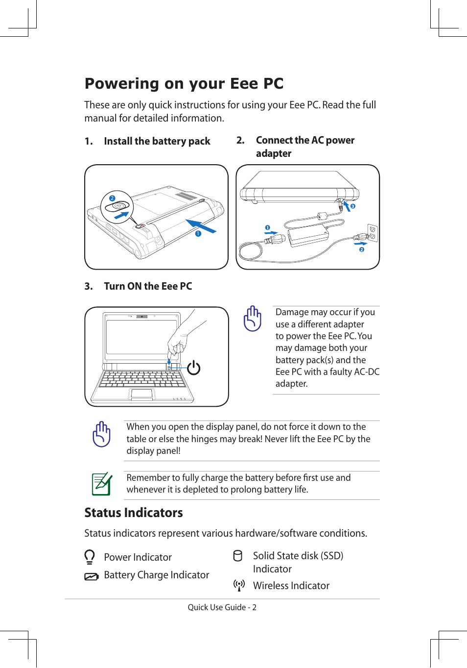 Powering on your eee pc, Status indicators | Asus Eee PC 900A/Linux User Manual | Page 2 / 8