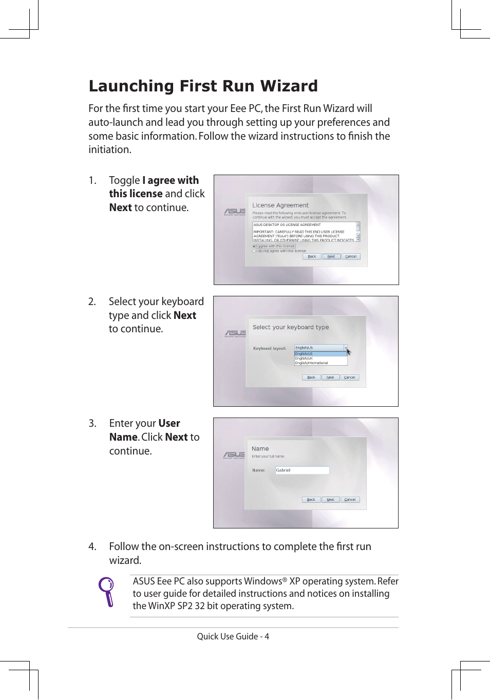 Launching first run wizard | Asus Eee PC 900A/Linux User Manual | Page 4 / 8