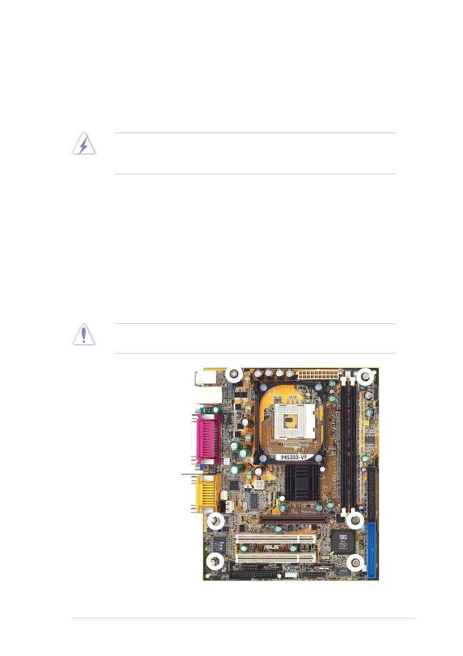 1 motherboard installation, 1 placement direction, 2 screw holes | Asus P4S333-VF User Manual | Page 23 / 112