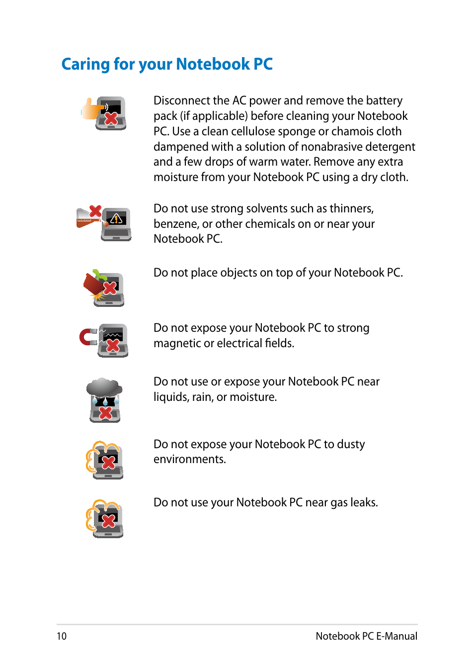 Caring for your notebook pc | Asus Y482CP User Manual | Page 10 / 128