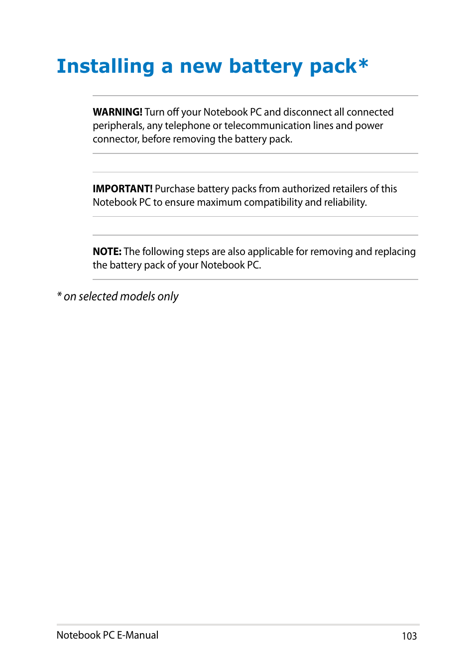 Installing a new battery pack | Asus Y482CP User Manual | Page 103 / 128