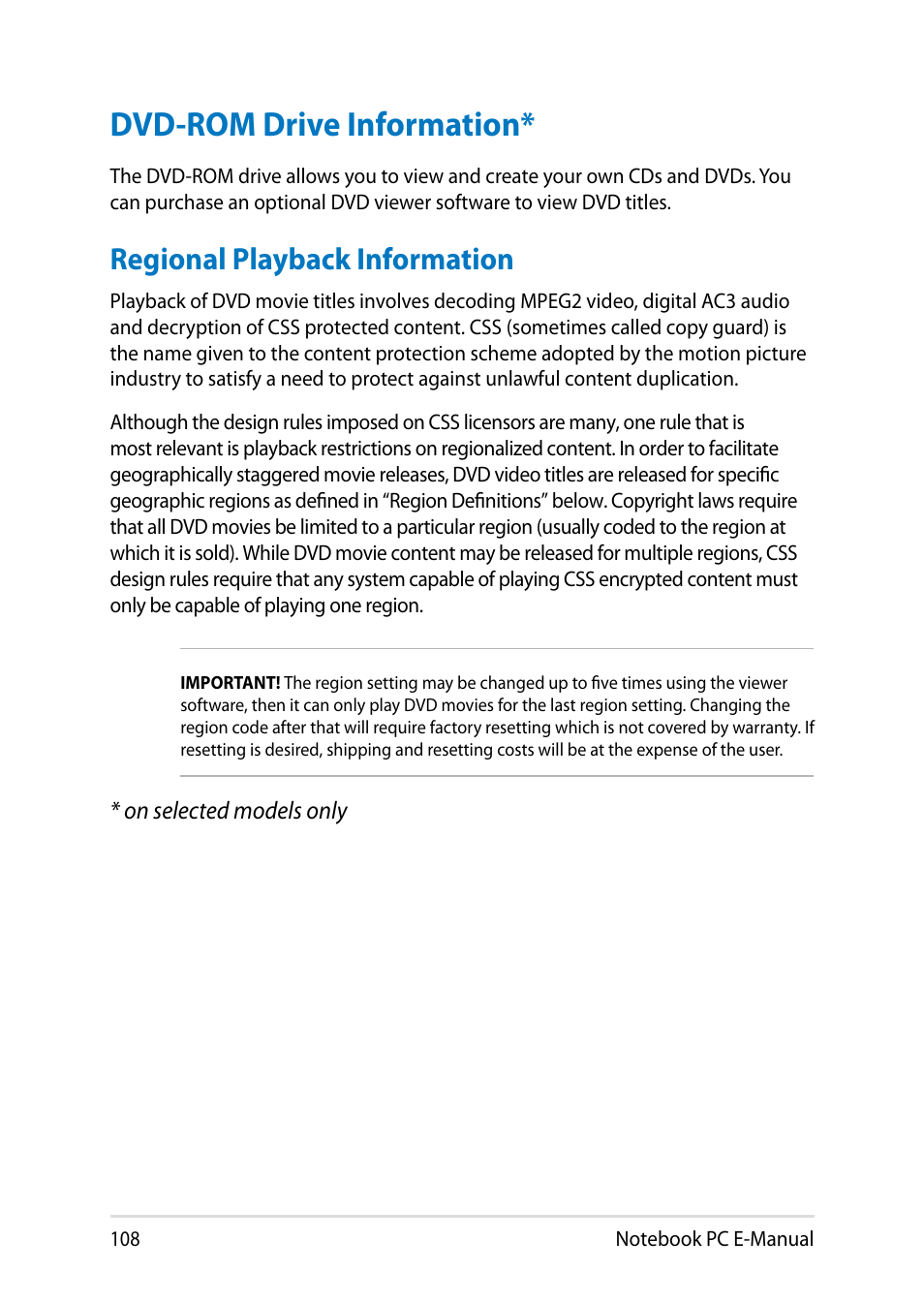 Dvd-rom drive information, Regional playback information | Asus Y482CP User Manual | Page 108 / 128