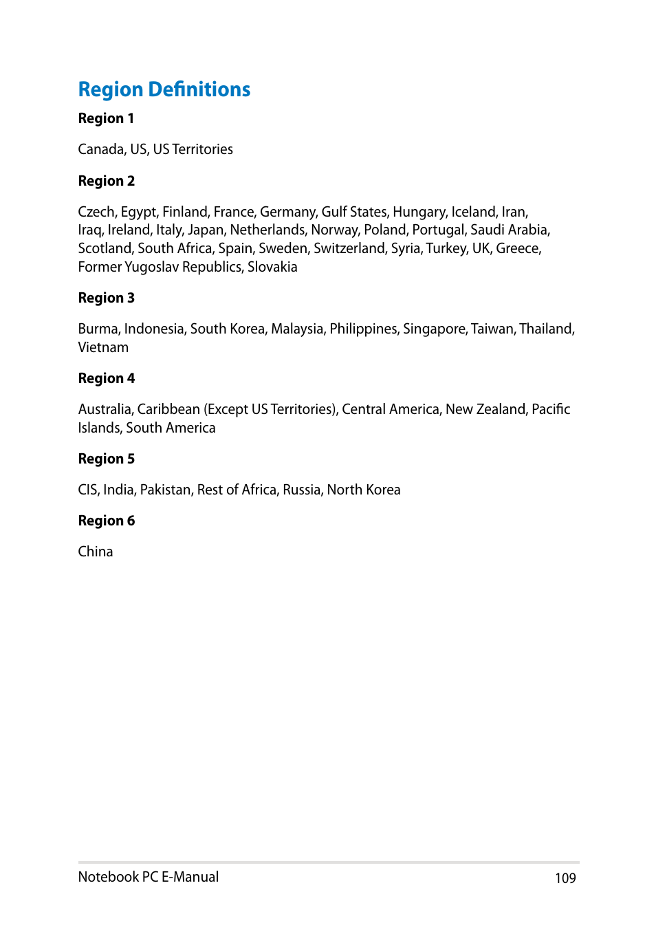 Region definitions | Asus Y482CP User Manual | Page 109 / 128