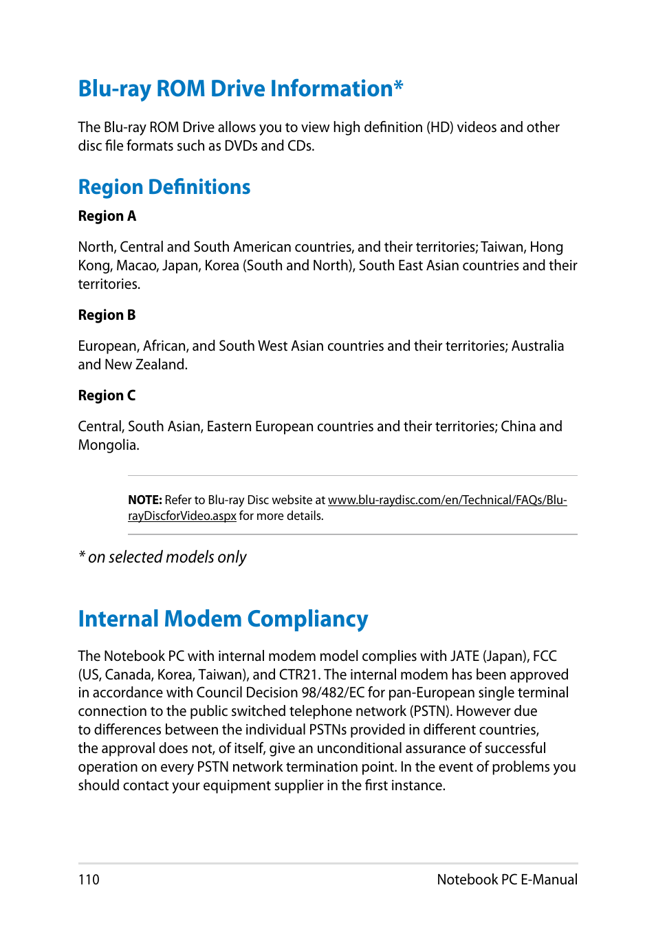 Blu-ray rom drive information, Internal modem compliancy, Region definitions | Asus Y482CP User Manual | Page 110 / 128