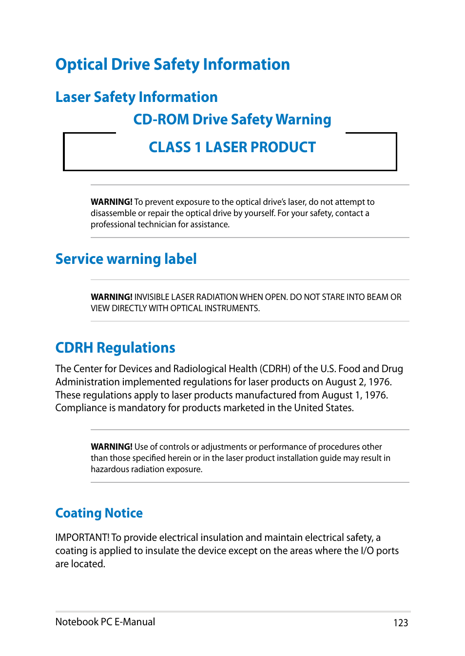Optical drive safety information, Laser safety information, Cdrh regulations | Coating notice | Asus Y482CP User Manual | Page 123 / 128