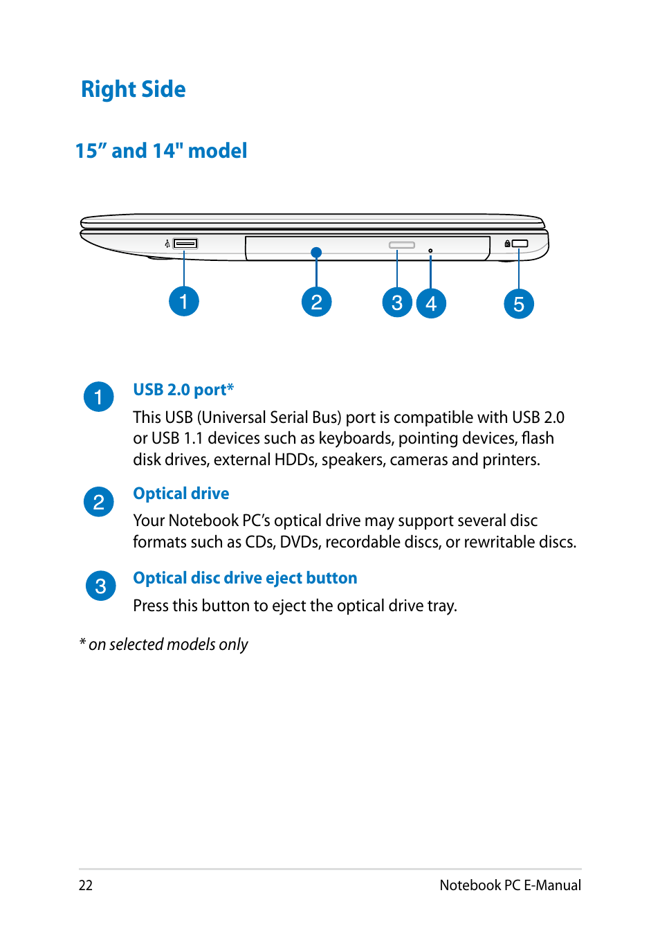 Right side, 15” and 14" model | Asus Y482CP User Manual | Page 22 / 128