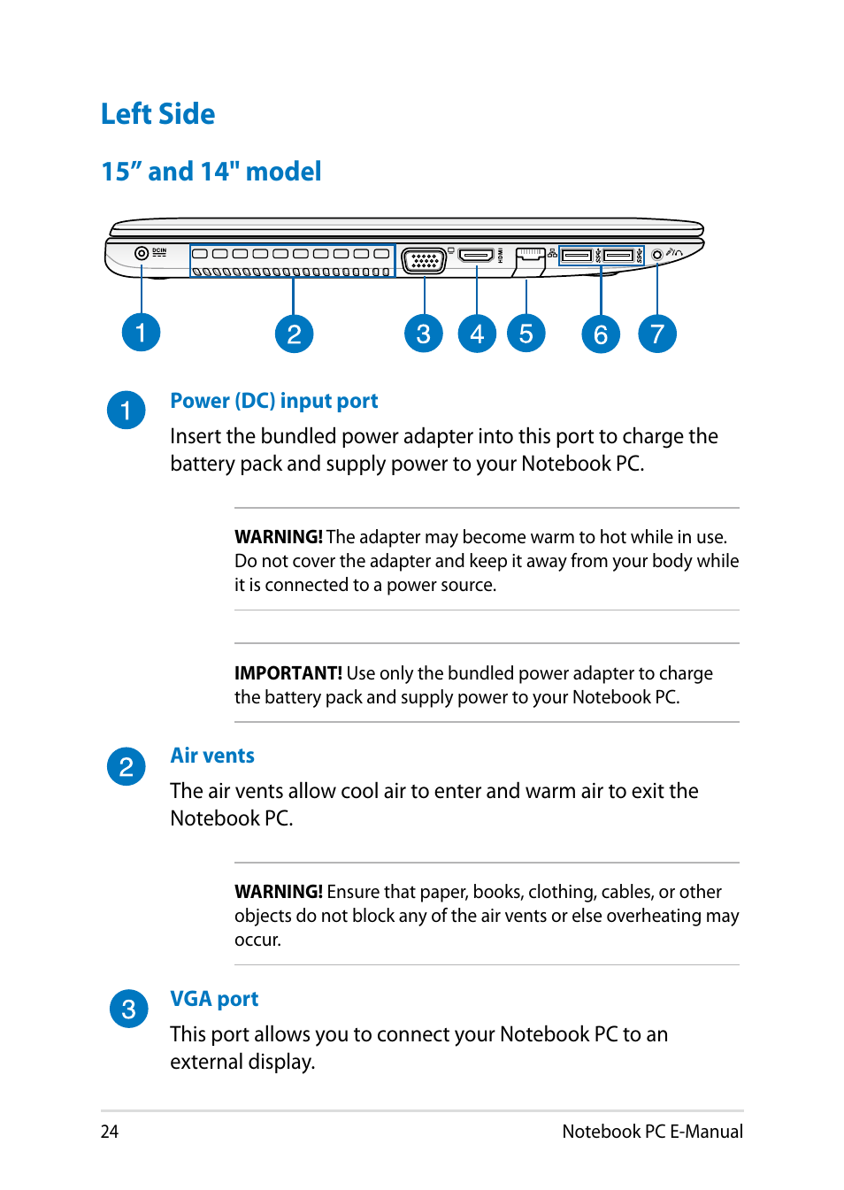 Left side, 15” and 14" model | Asus Y482CP User Manual | Page 24 / 128