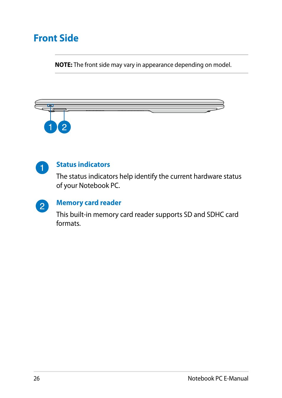 Front side | Asus Y482CP User Manual | Page 26 / 128