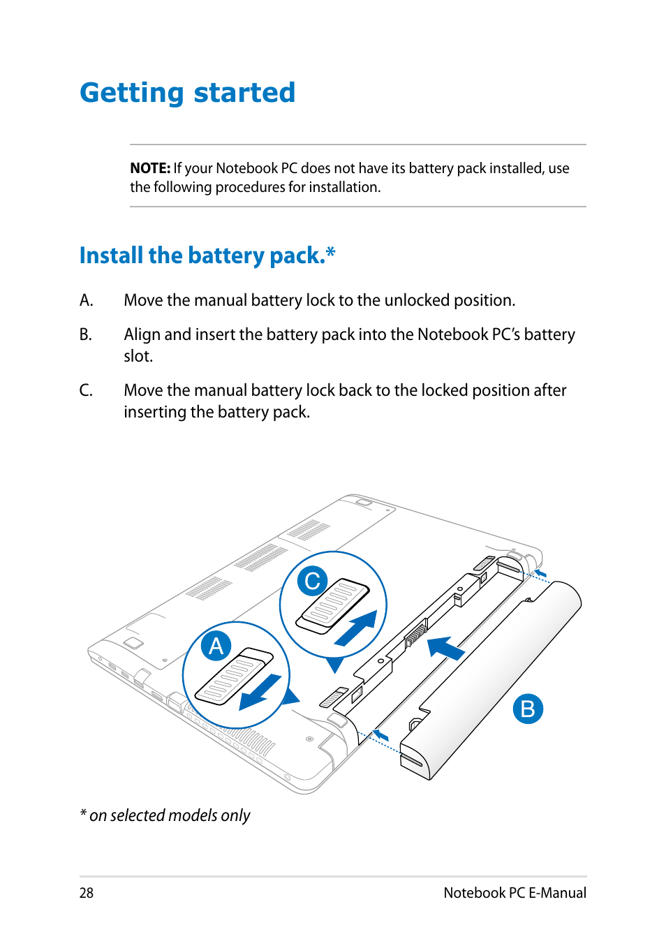 Getting started, Install the battery pack | Asus Y482CP User Manual | Page 28 / 128
