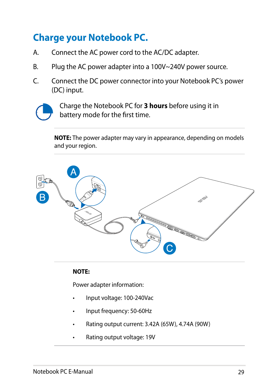 Charge your notebook pc | Asus Y482CP User Manual | Page 29 / 128