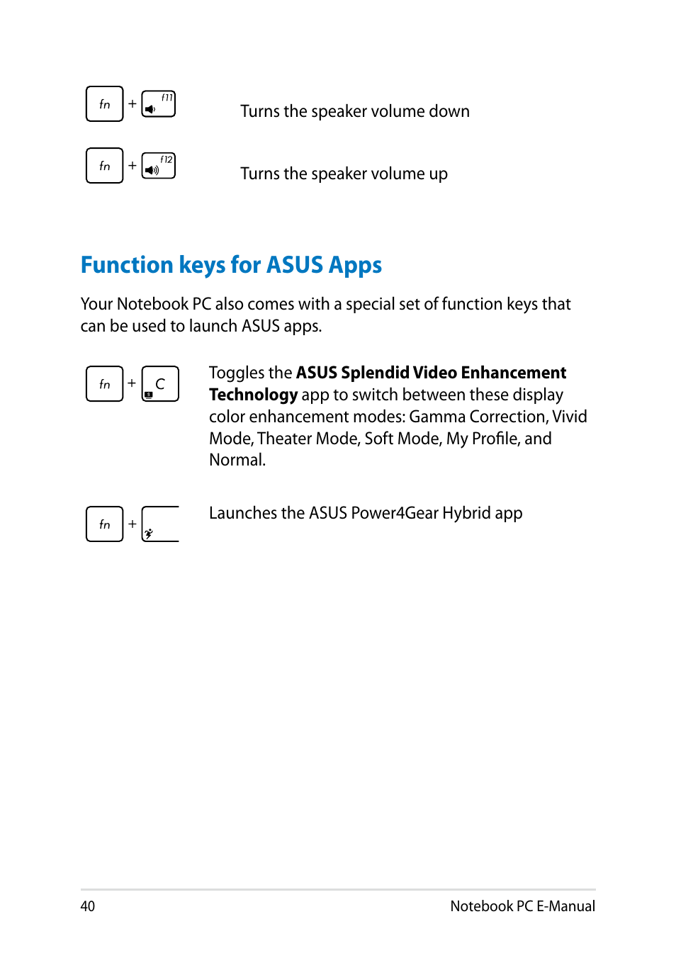 Function keys for asus apps | Asus Y482CP User Manual | Page 40 / 128