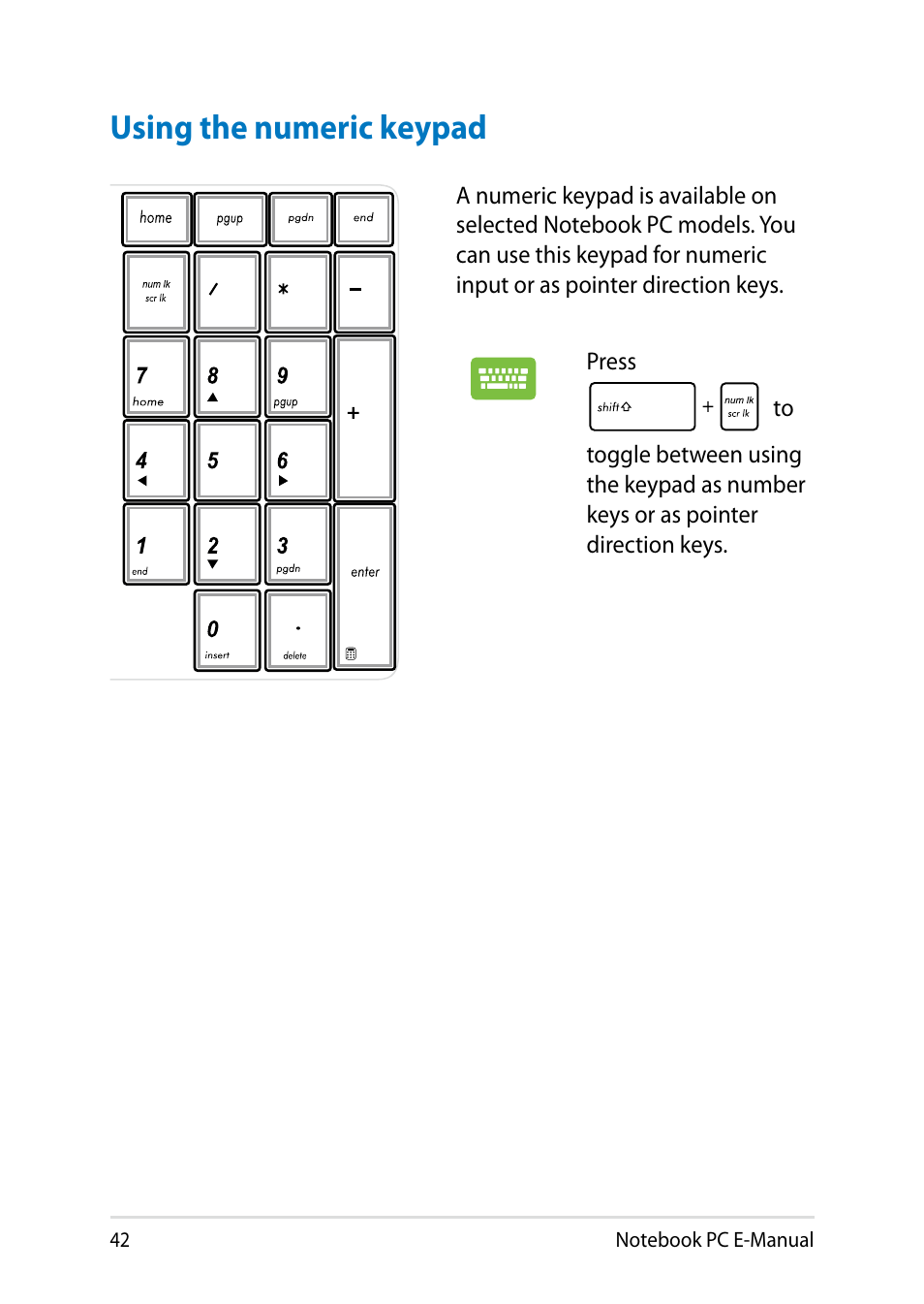 Using the numeric keypad | Asus Y482CP User Manual | Page 42 / 128