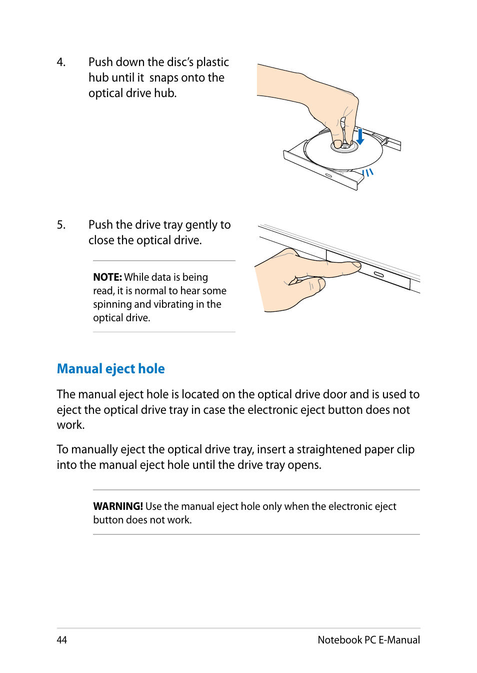 Manual eject hole | Asus Y482CP User Manual | Page 44 / 128