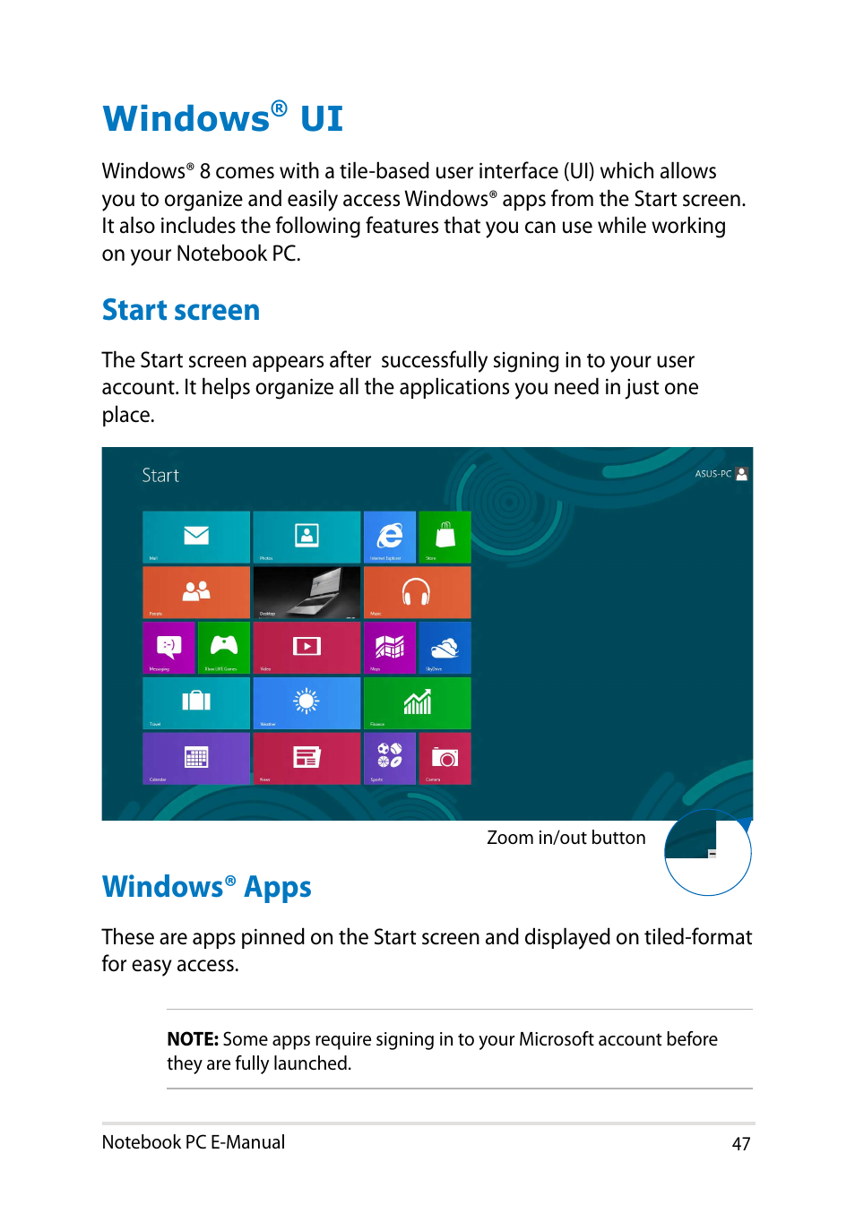 Windows® ui, Start screen, Windows® apps | Windows, Start screen windows® apps | Asus Y482CP User Manual | Page 47 / 128