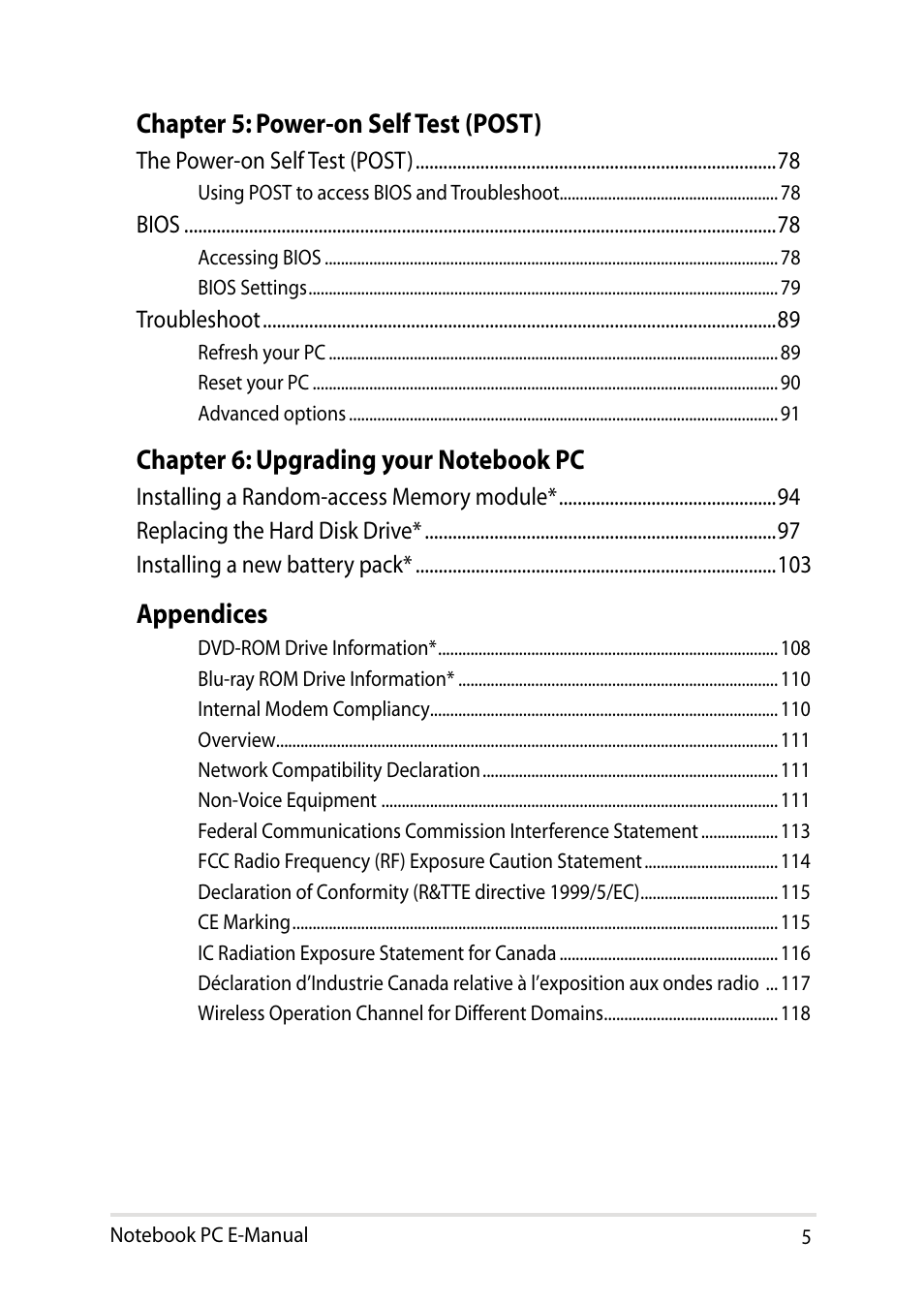 Chapter 5: power-on self test (post), Appendices | Asus Y482CP User Manual | Page 5 / 128