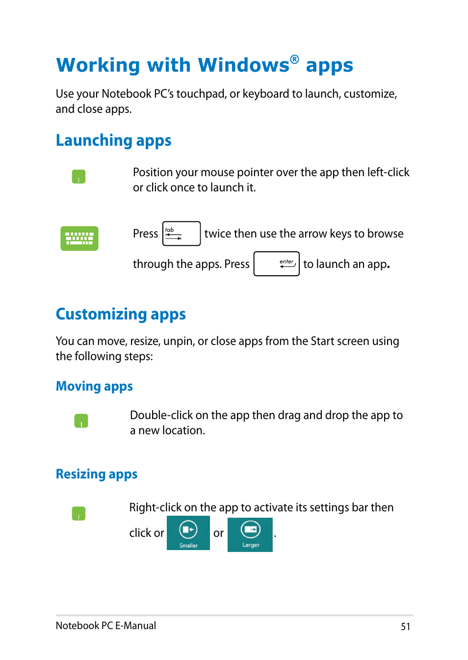 Working with windows® apps, Launching apps, Customizing apps | Working with windows, Apps, Launching apps customizing apps | Asus Y482CP User Manual | Page 51 / 128