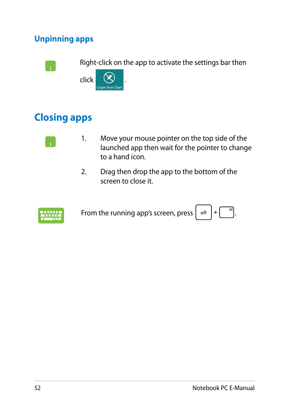 Closing apps | Asus Y482CP User Manual | Page 52 / 128