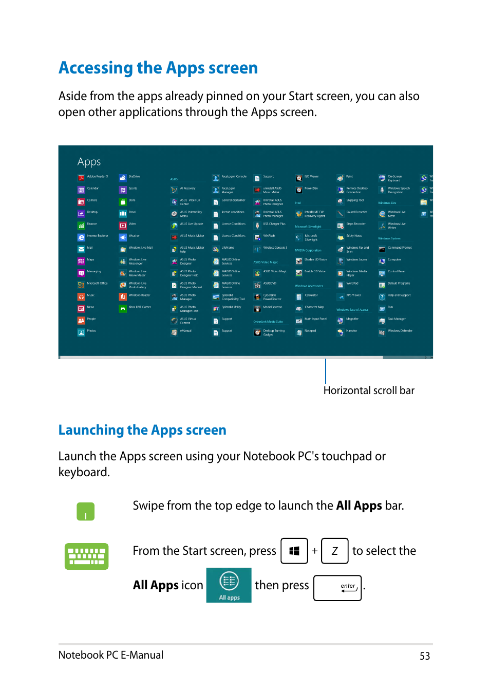 Accessing the apps screen | Asus Y482CP User Manual | Page 53 / 128