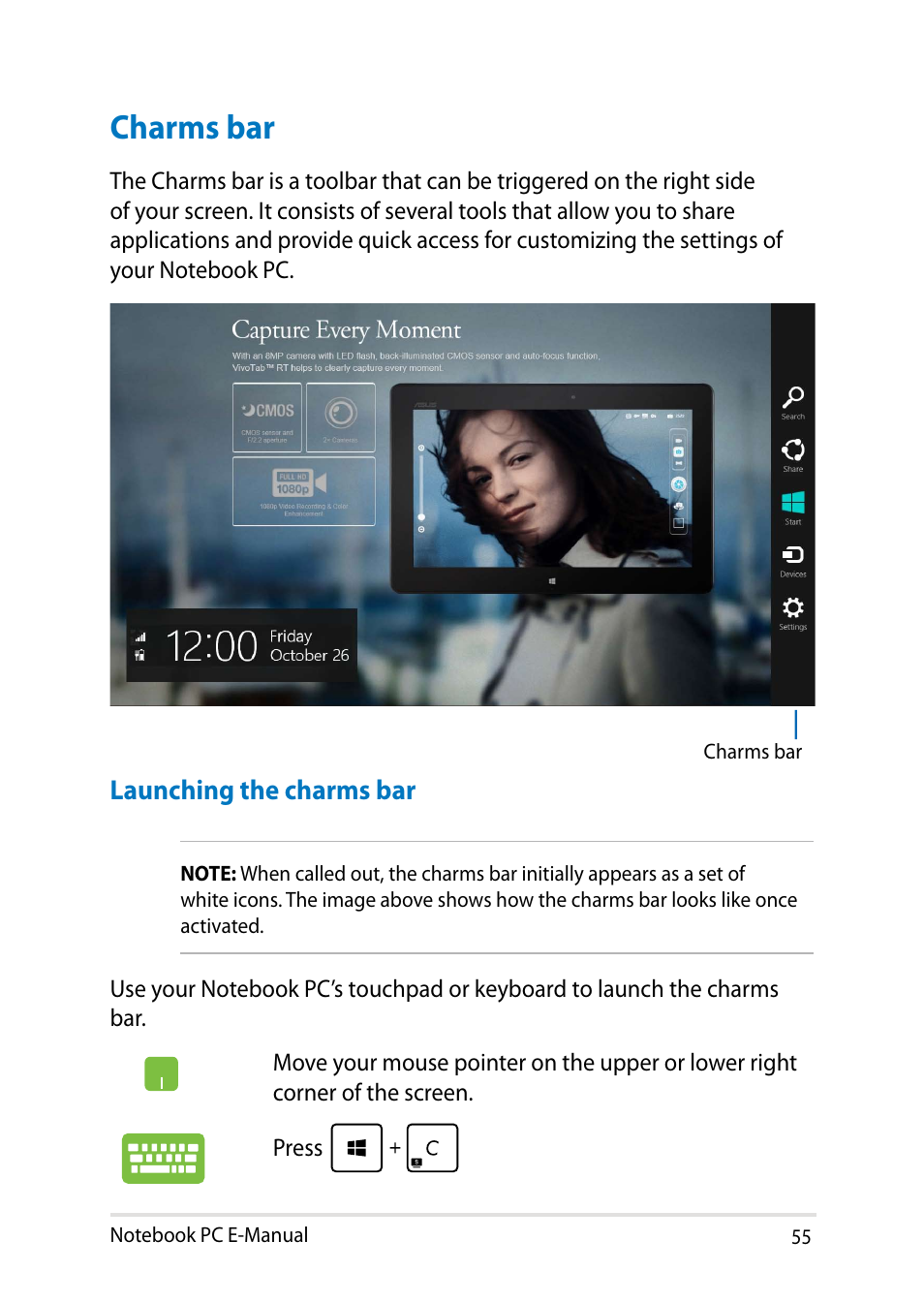 Charms bar | Asus Y482CP User Manual | Page 55 / 128