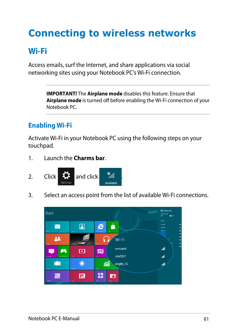 Connecting to wireless networks, Wi-fi | Asus Y482CP User Manual | Page 61 / 128