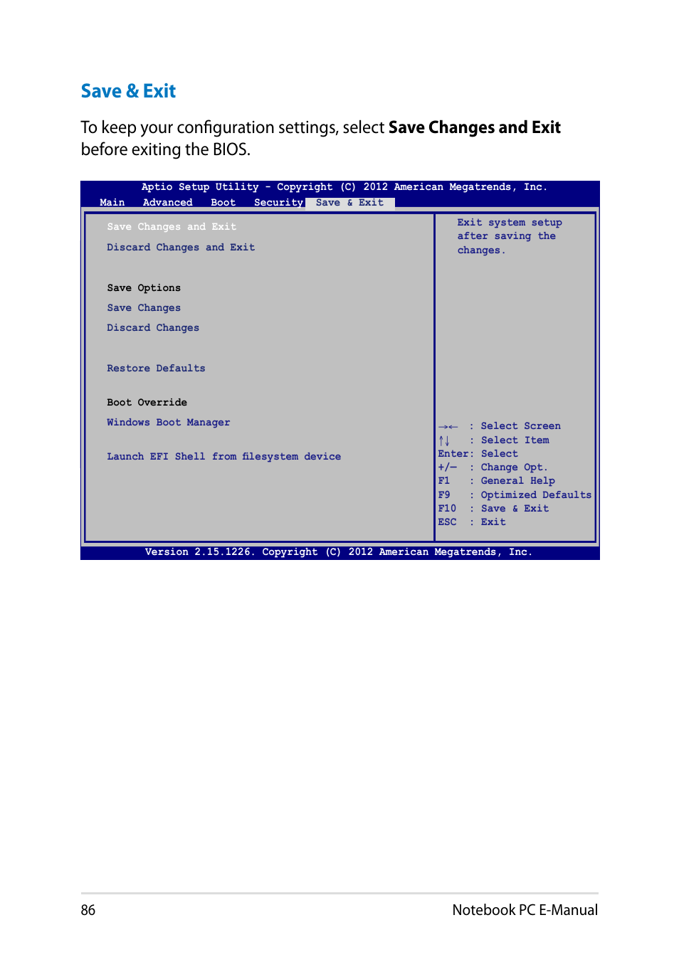 Save & exit | Asus Y482CP User Manual | Page 86 / 128