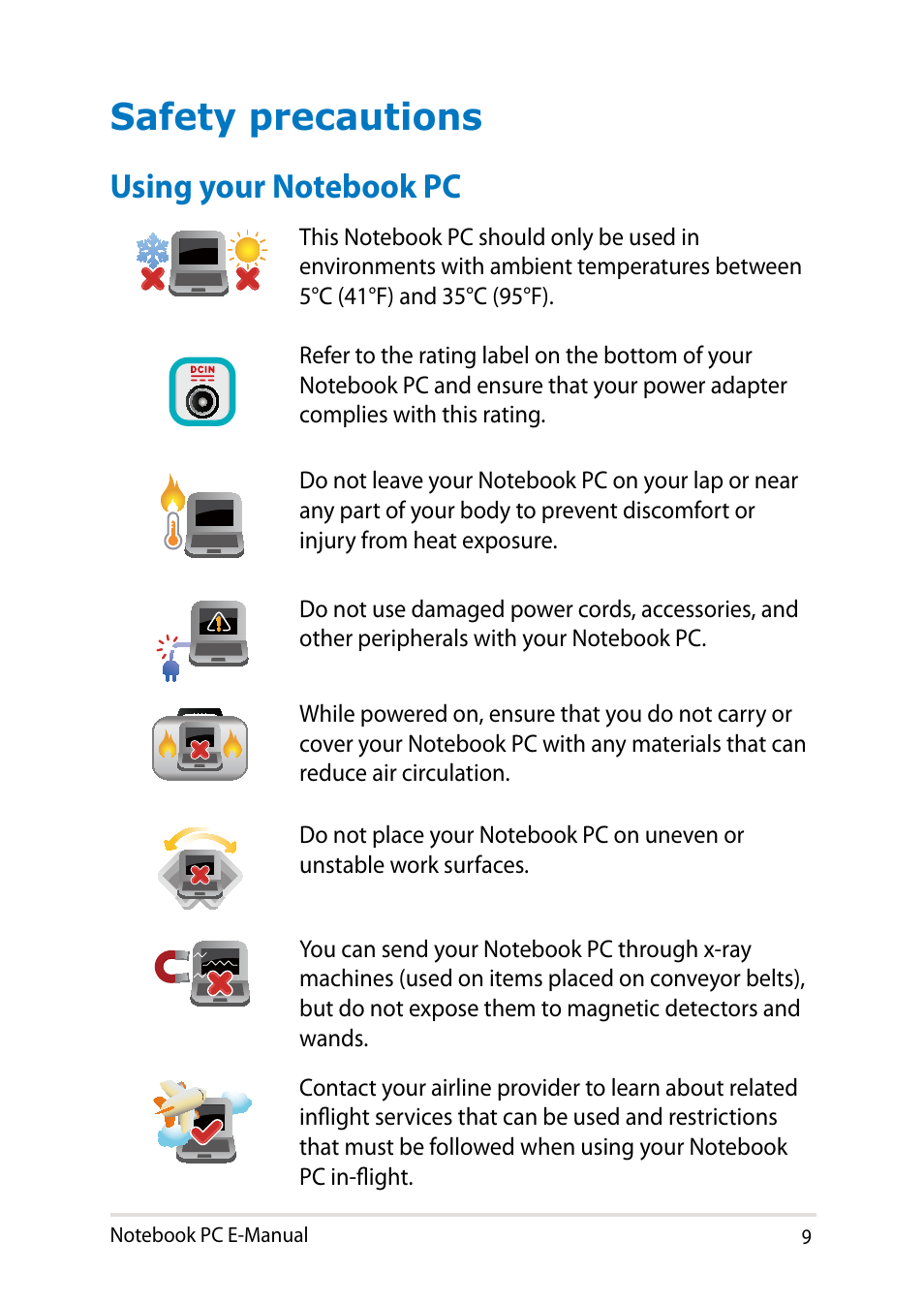 Safety precautions, Using your notebook pc | Asus Y482CP User Manual | Page 9 / 128