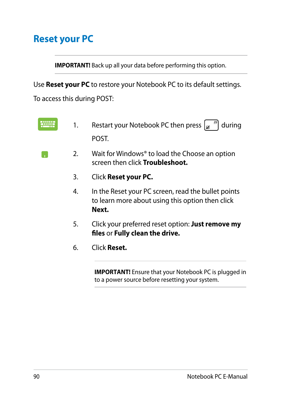 Reset your pc | Asus Y482CP User Manual | Page 90 / 128