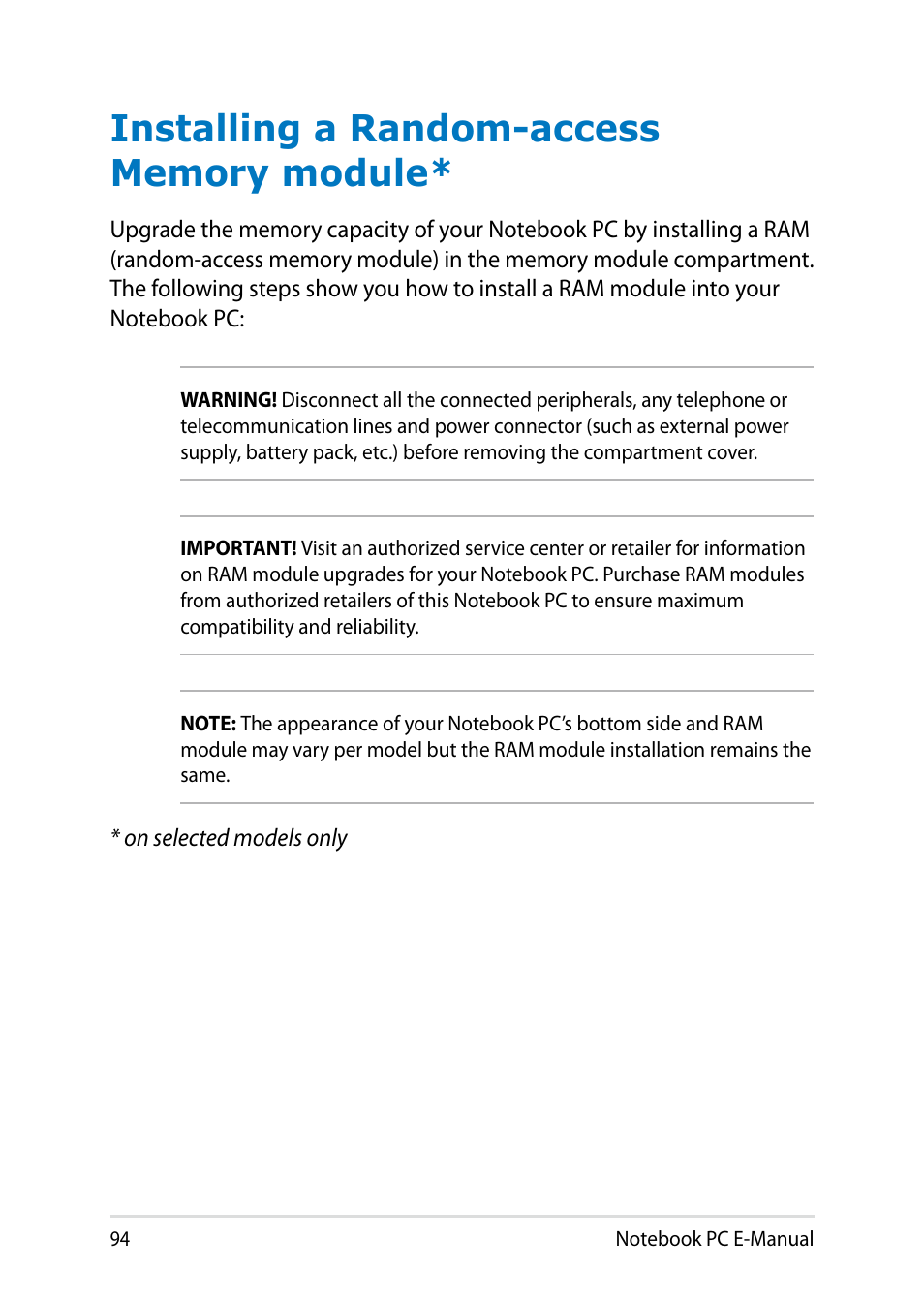 Installing a random-access memory module | Asus Y482CP User Manual | Page 94 / 128