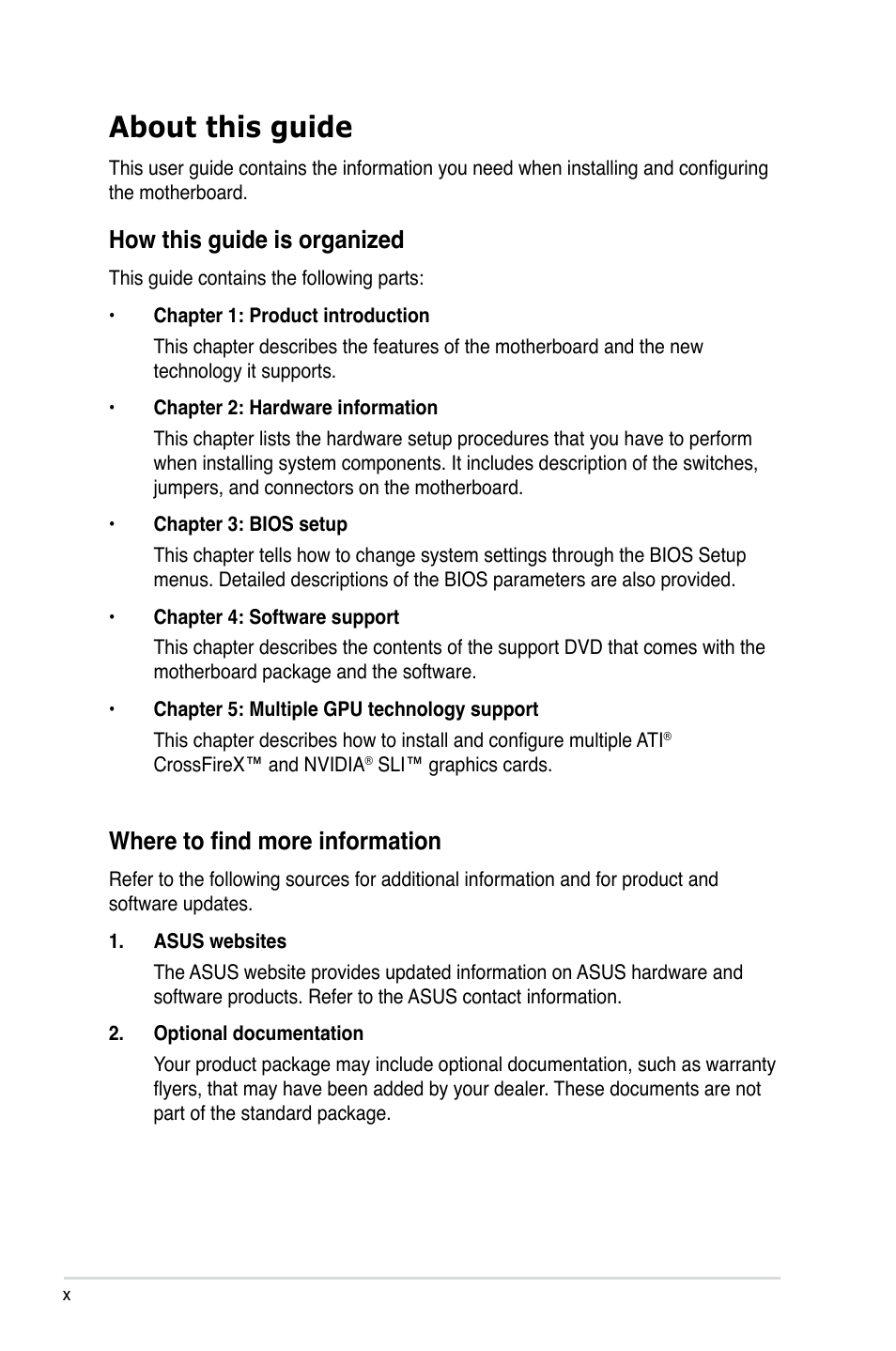 About this guide, Where to find more information, How this guide is organized | Asus P6X58-E WS User Manual | Page 10 / 152