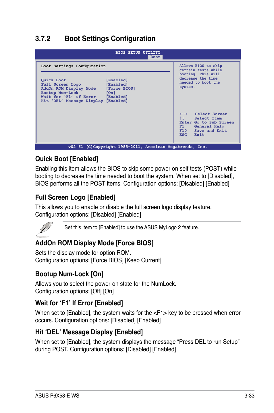 2 boot settings configuration, Quick boot [enabled, Full screen logo [enabled | Addon rom display mode [force bios, Bootup num-lock [on, Wait for ‘f1’ if error [enabled, Hit ‘del’ message display [enabled | Asus P6X58-E WS User Manual | Page 103 / 152