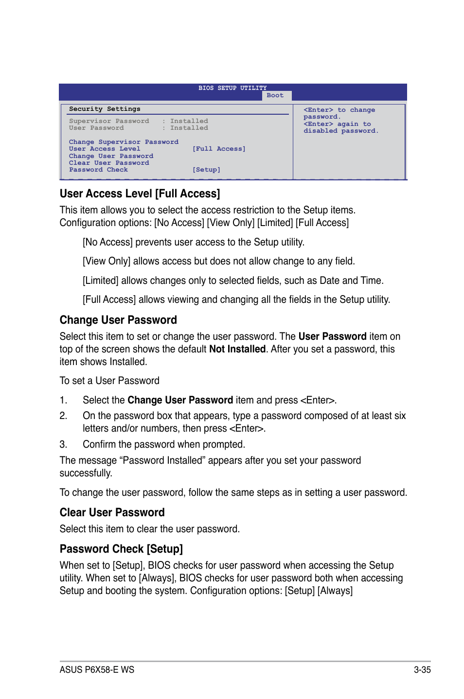 User access level [full access, Change user password, Clear user password | Password check [setup | Asus P6X58-E WS User Manual | Page 105 / 152