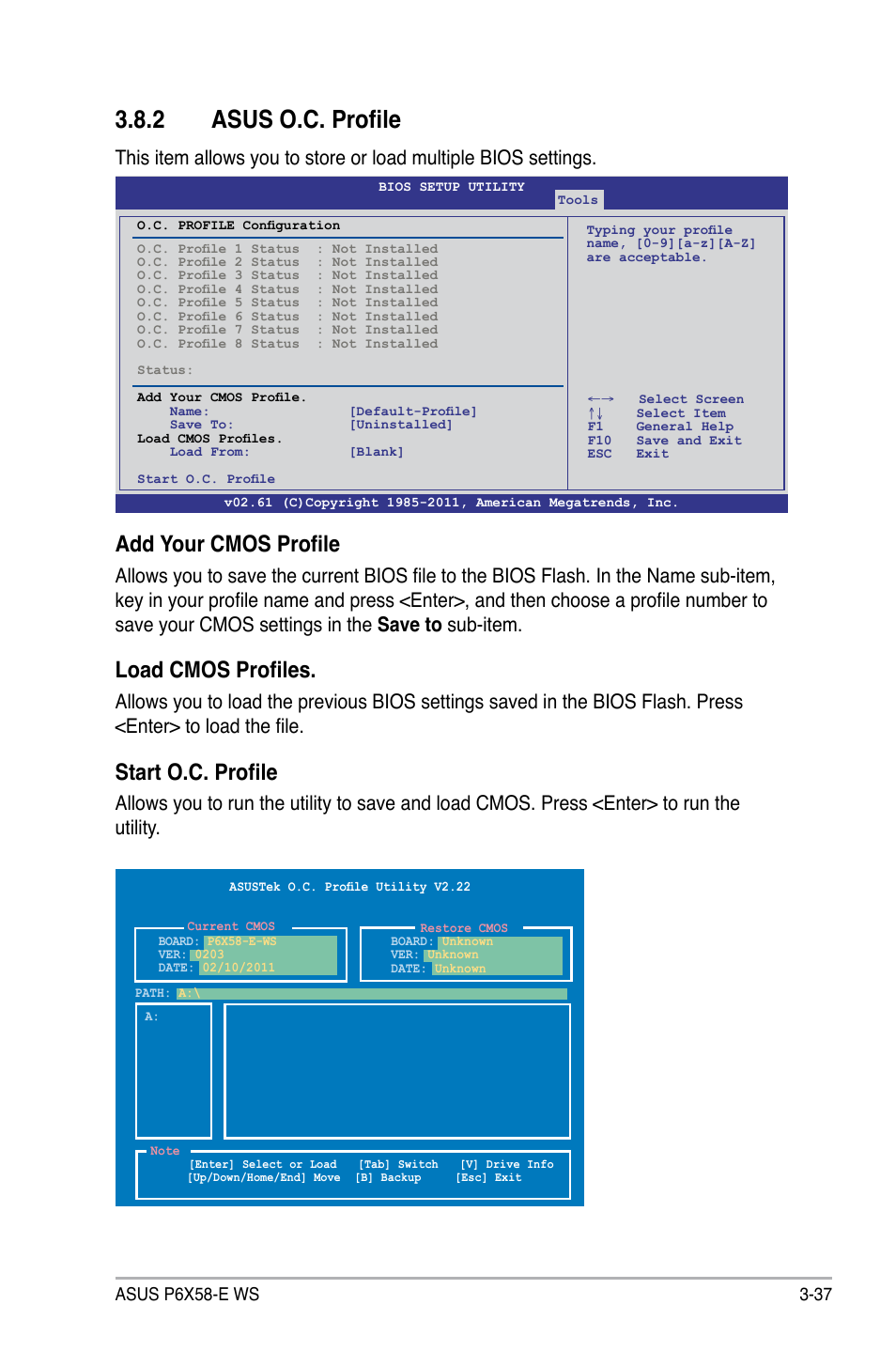 2 asus o.c. profile, Add your cmos profile, Load cmos profiles | Start o.c. profile | Asus P6X58-E WS User Manual | Page 107 / 152