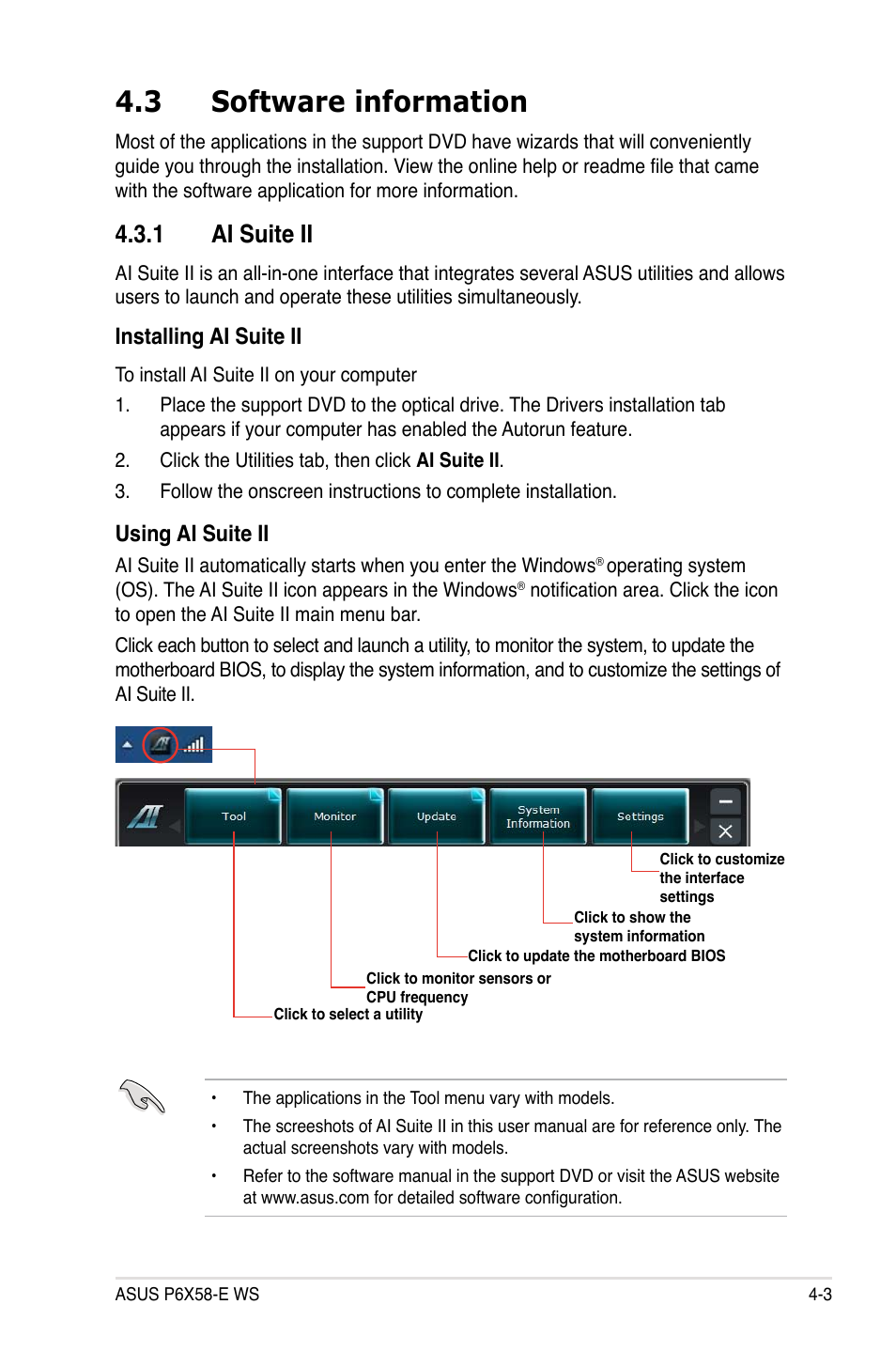 3 software information, 1 ai suite ii, Installing ai suite ii | Using ai suite ii | Asus P6X58-E WS User Manual | Page 115 / 152