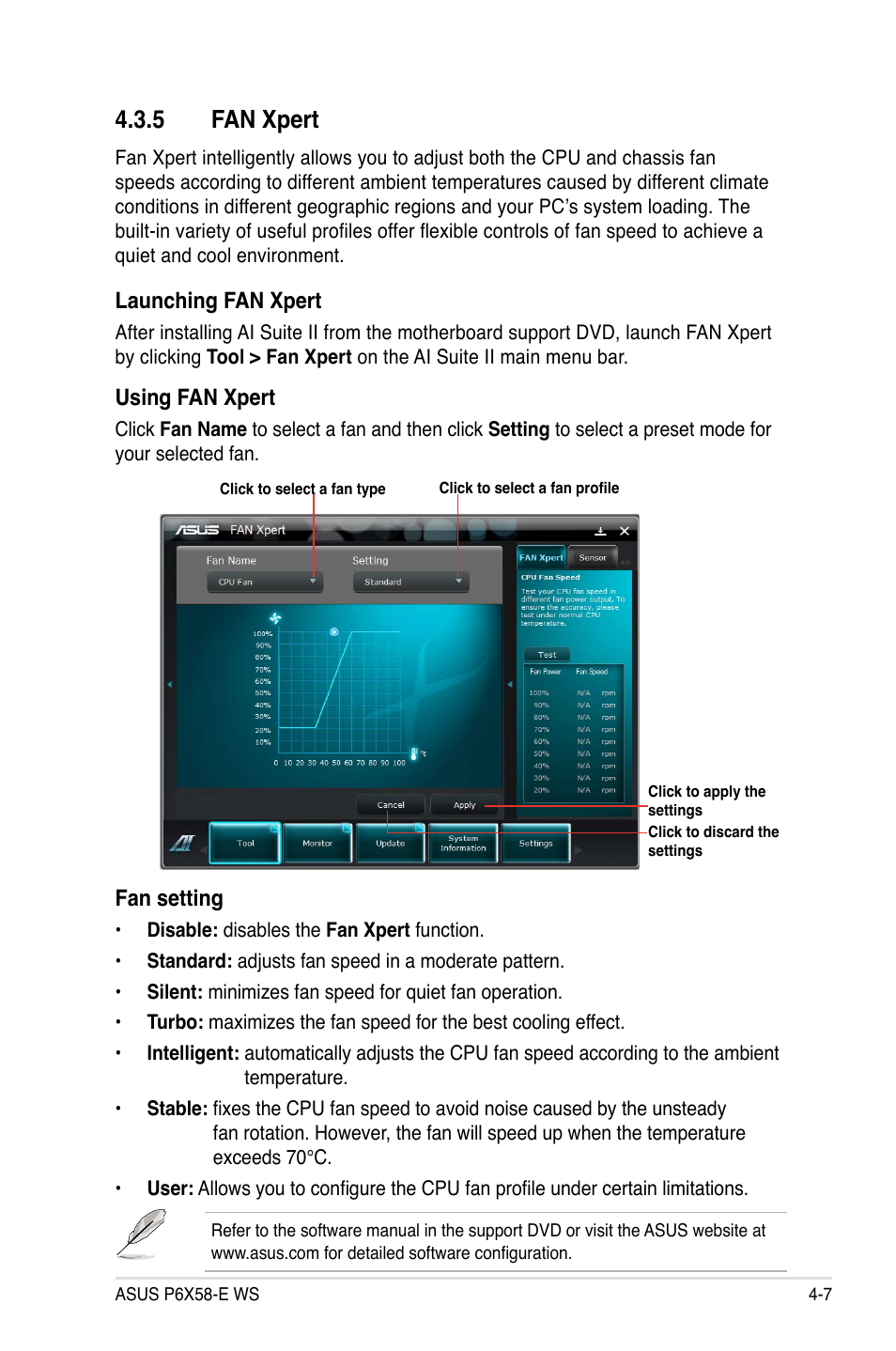 5 fan xpert, Launching fan xpert, Fan setting | Using fan xpert | Asus P6X58-E WS User Manual | Page 119 / 152