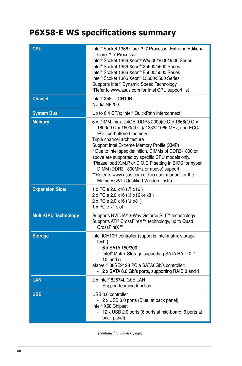 P6x58-e ws specifications summary | Asus P6X58-E WS User Manual | Page 12 / 152