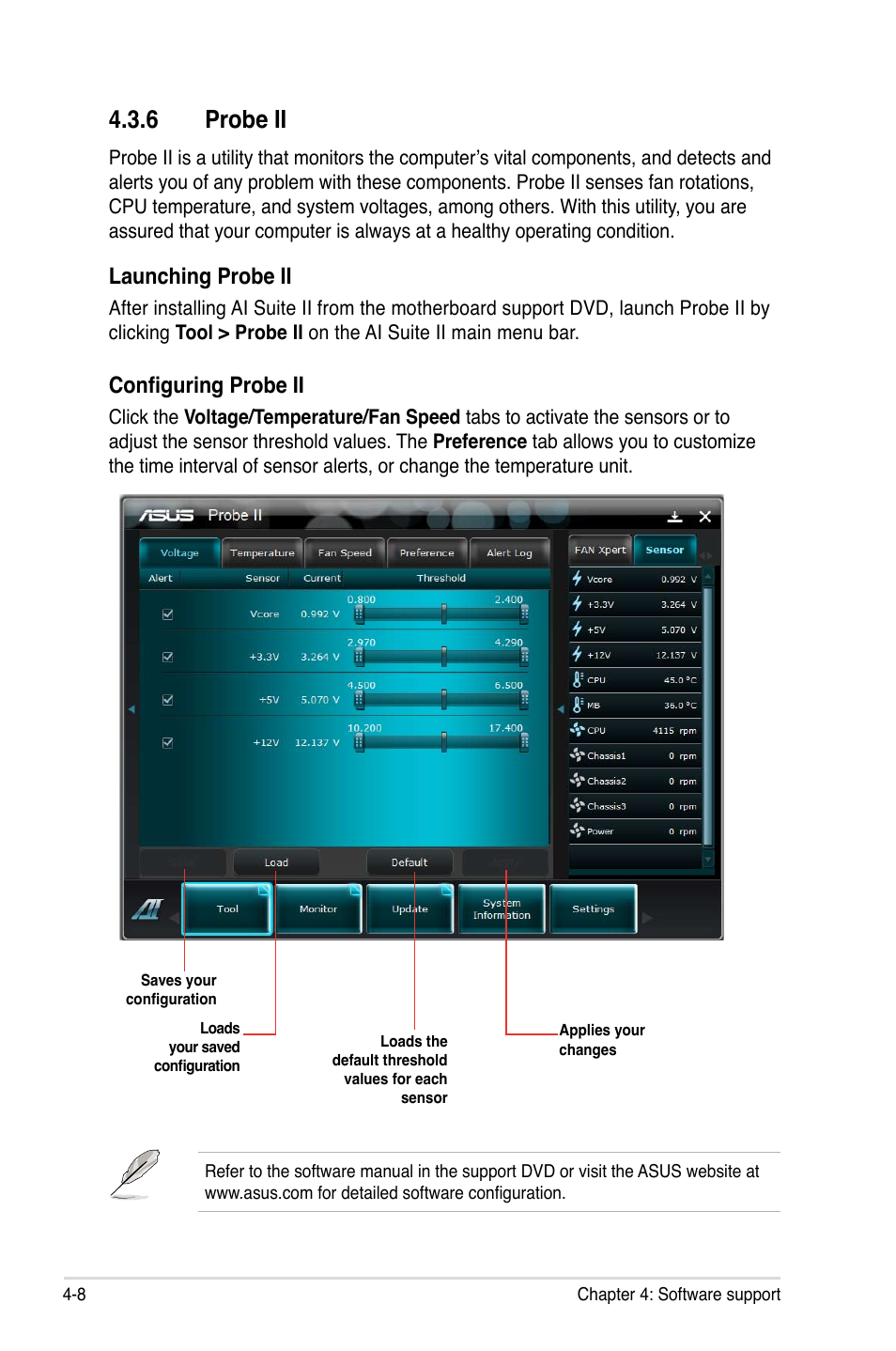 6 probe ii, Launching probe ii, Configuring probe ii | Asus P6X58-E WS User Manual | Page 120 / 152