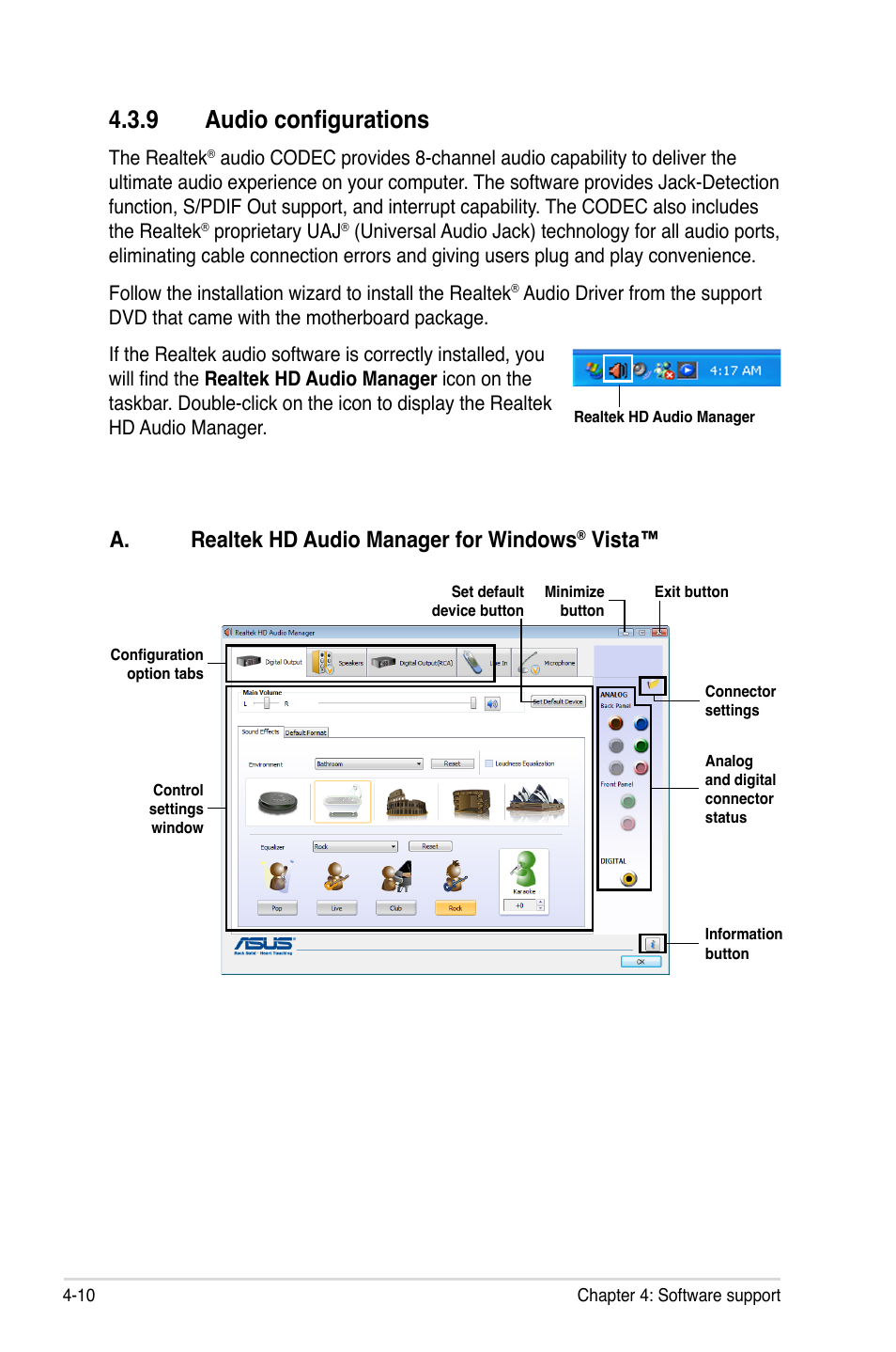 9 audio configurations, A. realtek hd audio manager for windows, Vista | Asus P6X58-E WS User Manual | Page 122 / 152