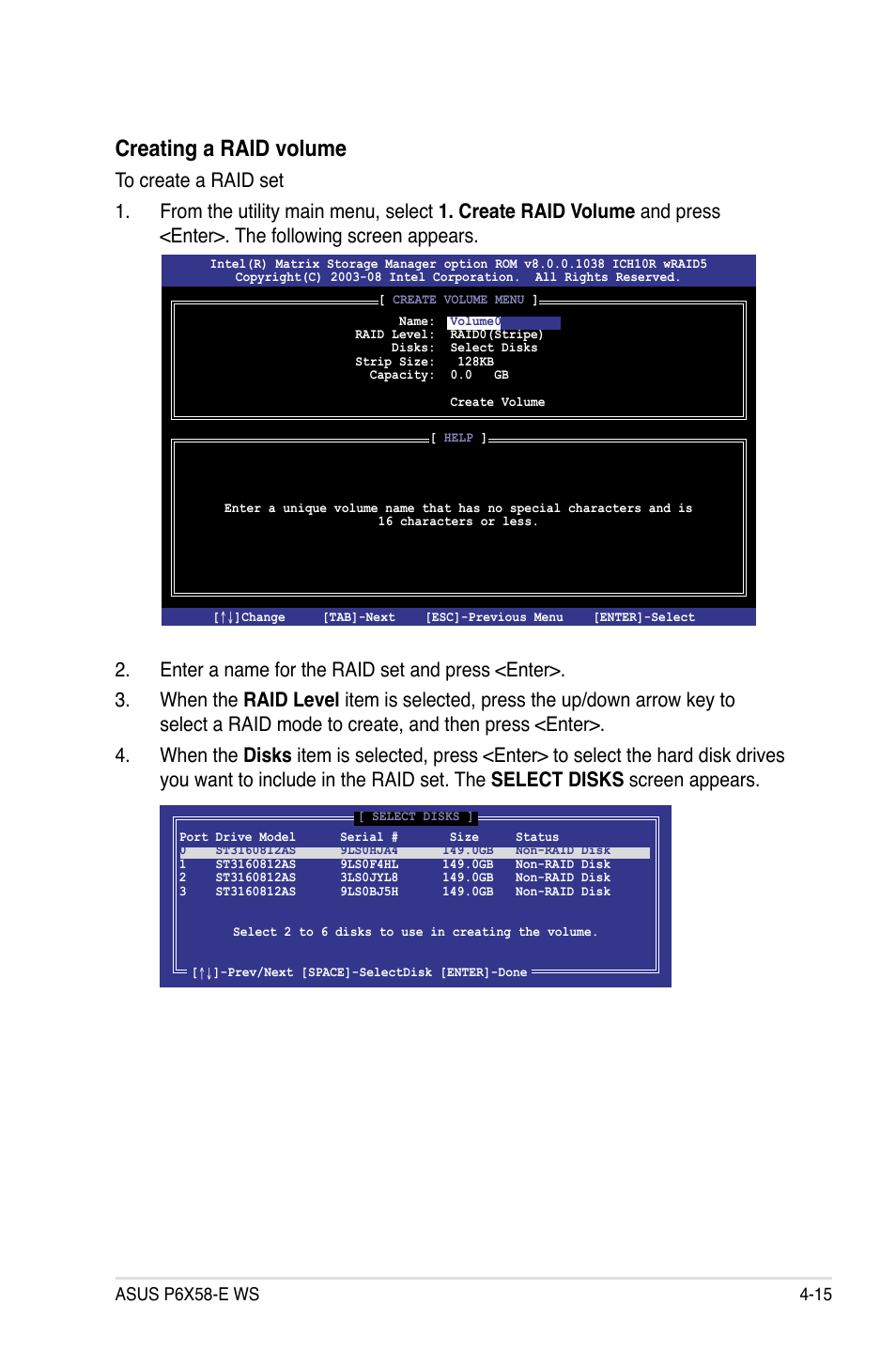 Creating a raid volume | Asus P6X58-E WS User Manual | Page 127 / 152