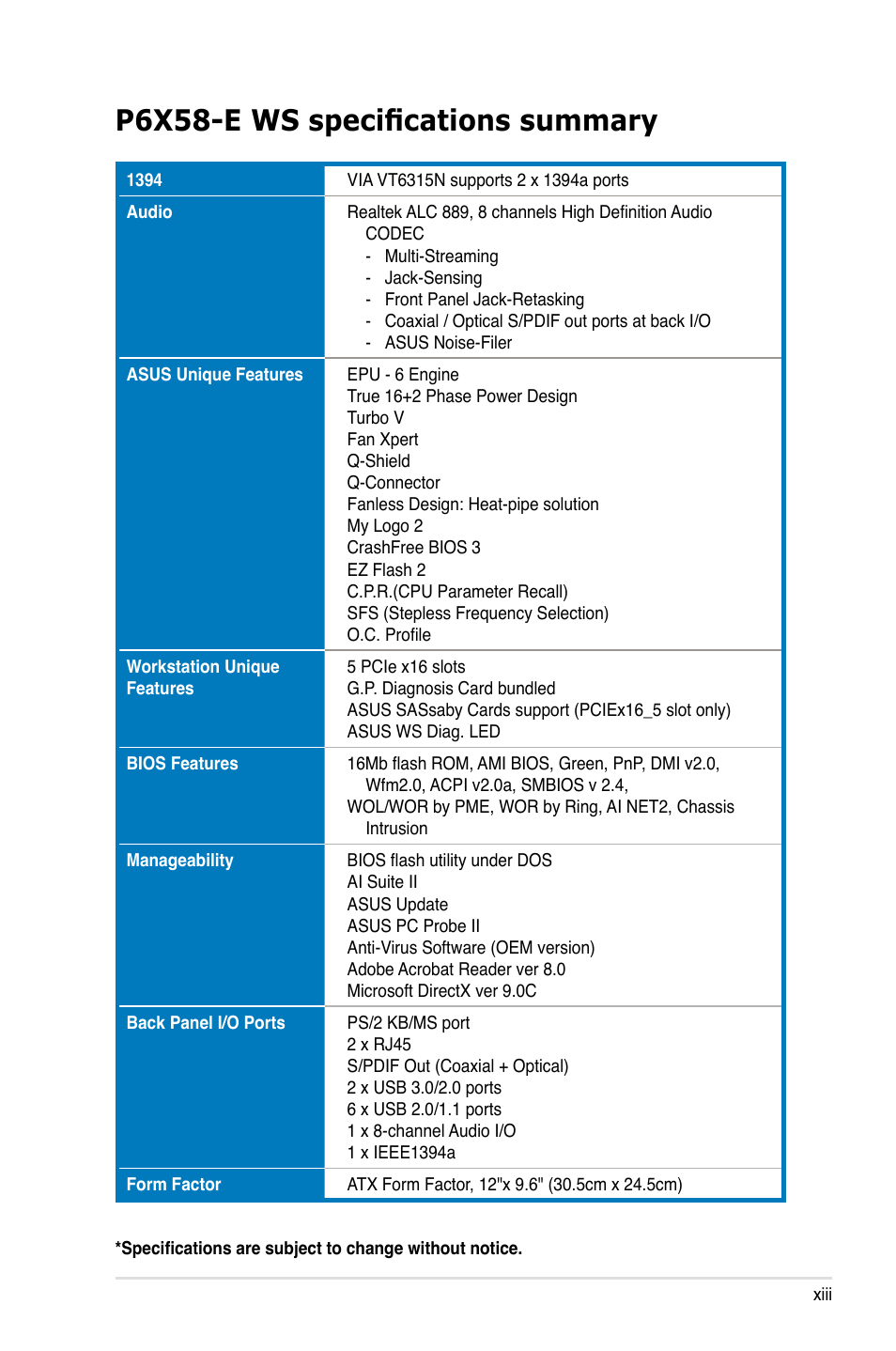 P6x58-e ws specifications summary | Asus P6X58-E WS User Manual | Page 13 / 152